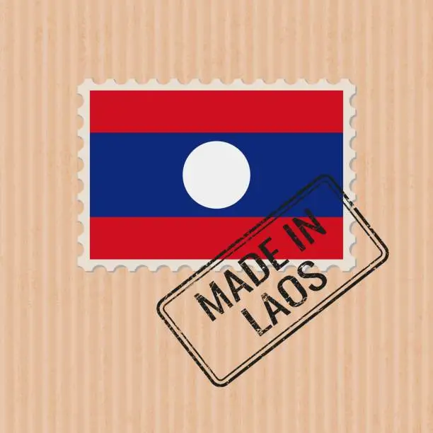 Vector illustration of Made in Laos badge vector. Sticker with Laotian national flag. Ink stamp isolated on paper background.