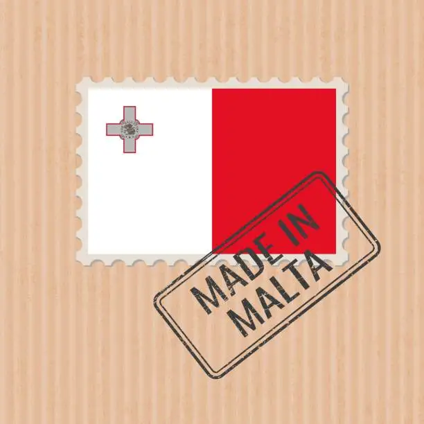 Vector illustration of Made in Malta badge vector. Sticker with Maltese national flag. Ink stamp isolated on paper background.