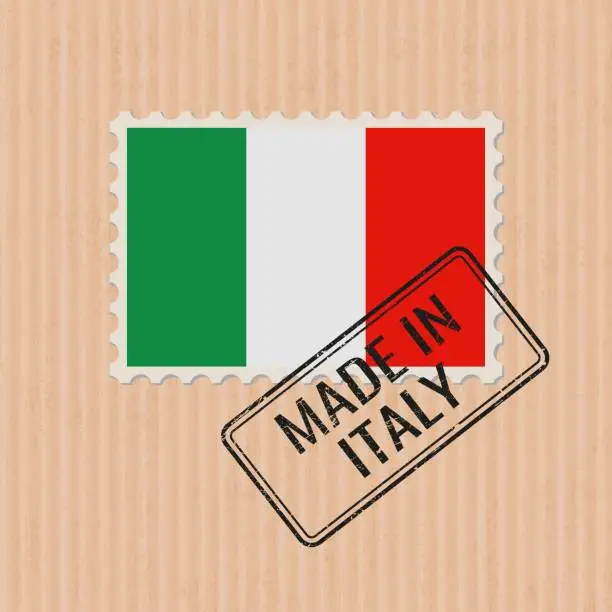 Vector illustration of Made in Italy badge vector. Sticker with Italian national flag. Ink stamp isolated on paper background.