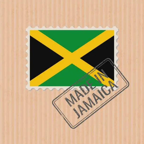 Vector illustration of Made in Jamaica badge vector. Sticker with Jamaican national flag. Ink stamp isolated on paper background.