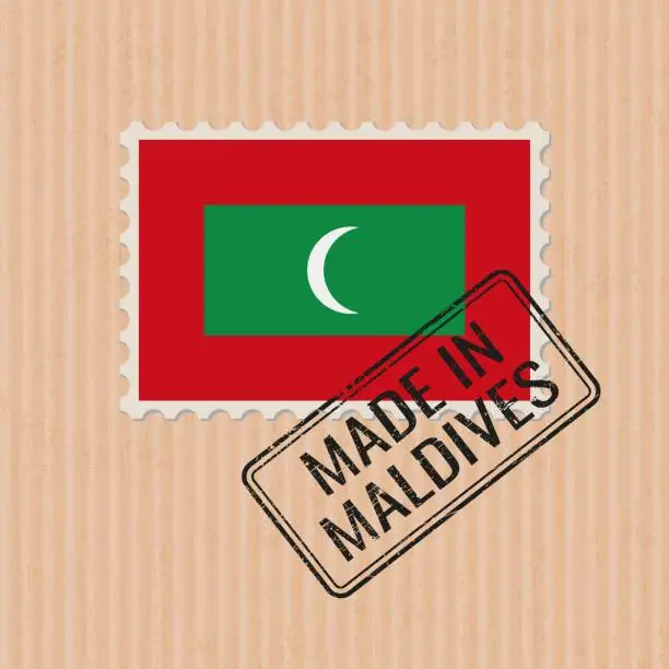 Vector illustration of Made in Maldives badge vector. Sticker with Maldivian national flag. Ink stamp isolated on paper background.
