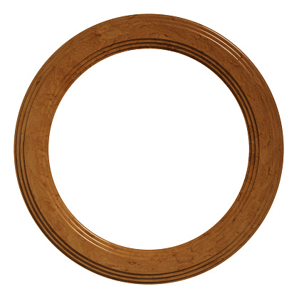 Empty wall round frame made of varnished wood on isolated background, copy space