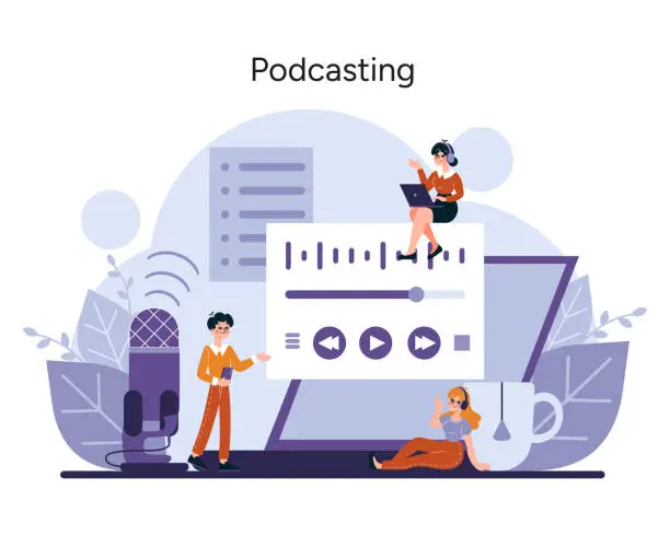 Vector illustration of Content creators broadcast engaging audio, showcasing diverse discussions and digital interaction