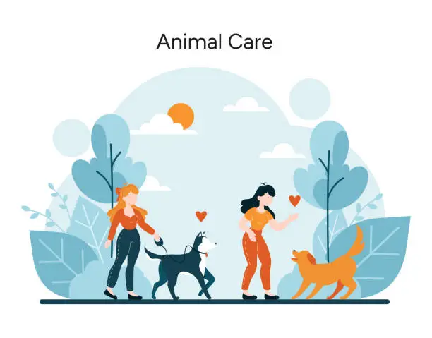 Vector illustration of Joyful moments in pet care and outdoor play