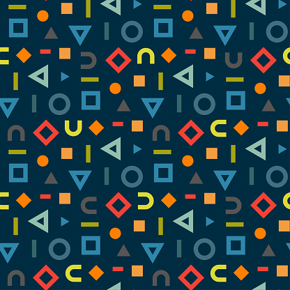 Small bright colorful multi-colored geometric shapes isolated on a dark green-blue background. Seamless pattern. Vector simple flat graphic illustration. Texture.