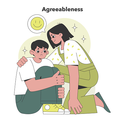 Agreeableness trait from the Big Five Personality. Compassionate interaction between individuals showcasing empathy and kindness. Flat vector illustration.