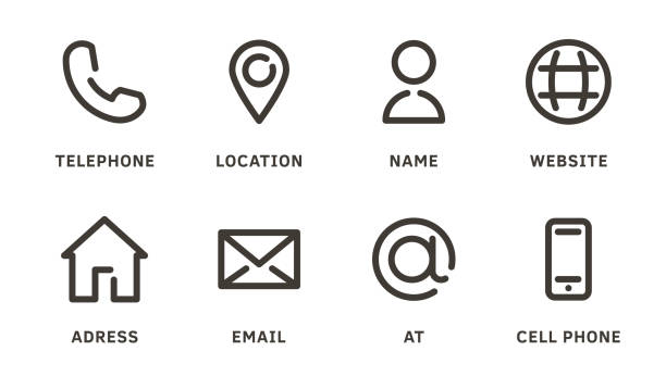 sada ikon vizitek s telefonem, polohou, jménem, webem, adresou, e-mailem, zavináčem a mobilním telefonem. vektorový ilustrační symbol pro profesionální networking a výměnu kontaktních informací - adresář stock ilustrace