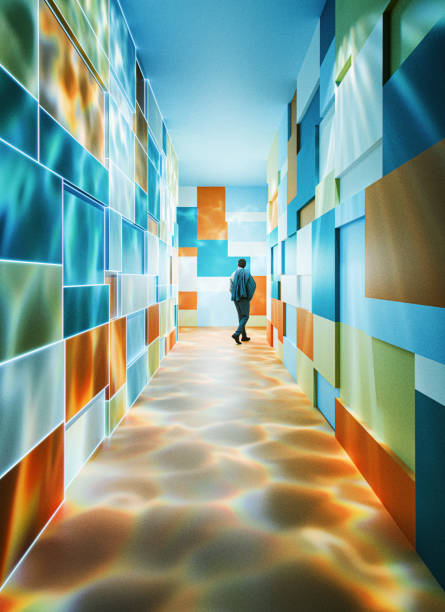 Abstract colorful corridor with businessman leaving