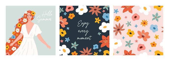 cute summer greeting cards with motivating lettering and flowers