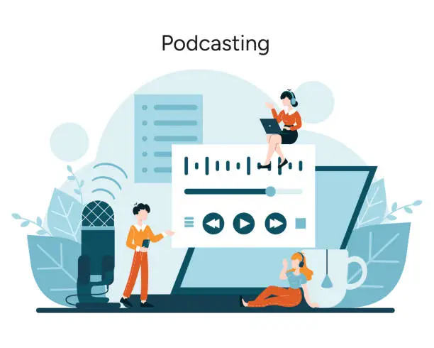 Vector illustration of Eager voices share stories via podcasting platforms