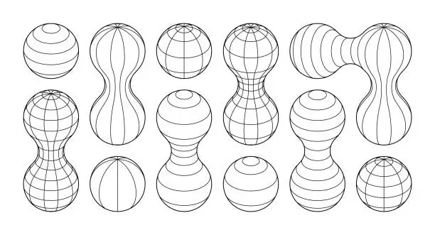 Vector illustration of Memphis style abstract circle connected spheres. Transparent bacteria model or chemistry elements morphing mesh science pattern. Metaball model orbiting set.