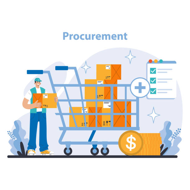Marketing and sales concept. Flat vector illustration. Procurement Process concept. Efficient sourcing and purchasing operations. Managing supply costs and inventory needs. Streamlining order fulfillment and vendor relations. Flat vector illustration. supplier relationship management stock illustrations