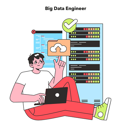A Big Data Engineer is depicted in a relaxed pose, confidently managing vast datasets, symbolizing the crucial role of data analysis in the tech industry.