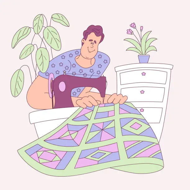 Vector illustration of man is sewing on a sewing machine