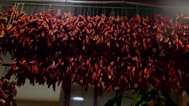 Organic Red Chilli Pepper hanging in spice market.