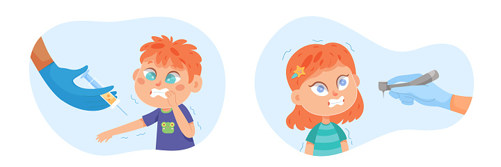 Kids fears vector illustration set. Children afraid of vaccinations and dentist. Scared crying boy and girl with childish phobias. Frightened young cartoon characters, Kid psychologic support.