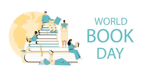 Vector illustration of World book and copyright day banner template. Reading lovers in library. Learning and education holiday. Vector flat illustration