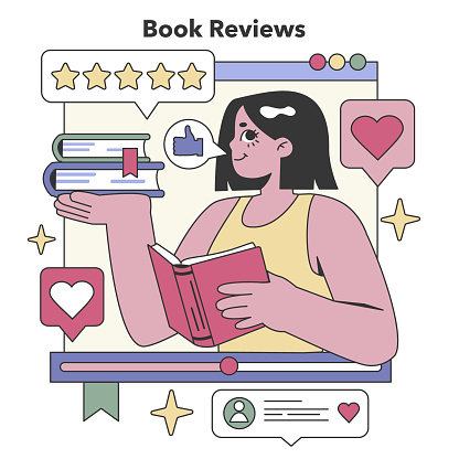 Literary Critique set. Engaging readers with thoughtful reviews and ratings. A celebration of reading and literary discussion. Flat vector illustration