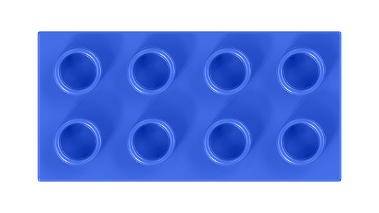 Royal Blue Toy Block Isolated on a White Background. Close Up View of a Plastic Children Game Brick for Constructors, Top View. High Quality 3D Rendering with a Work Path. 8K Ultra HD, 7680x4320