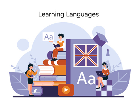 Language Mastery concept. Enthusiastic learners delve into linguistics with books and digital aids, showcasing the joy of learning new languages. Vector illustration