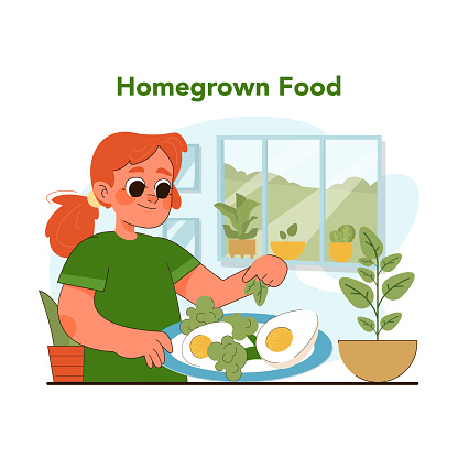 Homegrown food concept. Young girl proudly presents meal with vegetables from windowsill garden, celebrating the joys of growing and eating your own food. Eco friendly hobby. Flat vector illustration