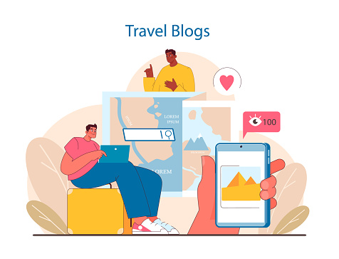 Travel Blogging concept. Sharing journey experiences online. Engaging tales of exploration and discovery via social platforms. Navigating the globe through digital narrative. Flat vector illustration.