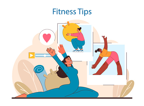 Online Fitness Guidance concept. An animated figure follows workout routines from fitness videos, symbolizing the virtual trend in health and exercise. Flat vector illustration.