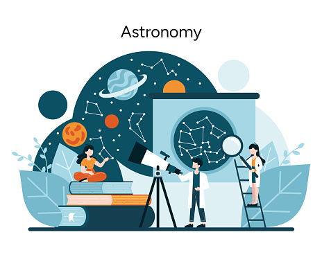 Cosmic Curiosity concept. Gazing at celestial wonders, stargazers uncover the universe's secrets. Astronomy enthusiasts explore beyond the sky. Stars and planets within reach. Vector illustration
