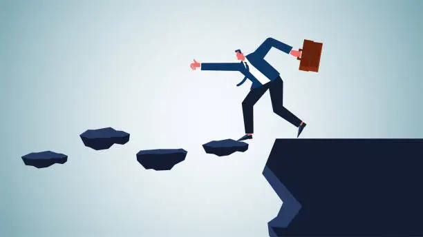 Vector illustration of Businessman venturing across cliffs by stepping on overhanging rocks, adventure and challenge, unknowns and risks in career or business, exploring the unknown or the future