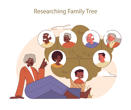 Researching family tree concept. Elderly person tracing lineage, celebrating familial heritage. Uncovering ancestral stories, embracing roots and identity.