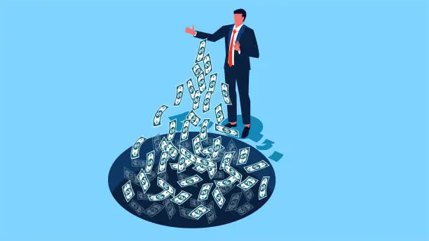 Vector illustration of Isometric businessmen spreading their money inside deep caves, business or professional decision-making mistakes and errors, financial or investment traps and scams, business risks and crises