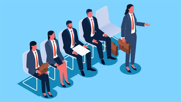 Vector illustration of Isometric sitting and waiting group of businessmen, increase in unemployment, increase in job vacancies, impact of the economy on employment, HR recruitment and job vacancies