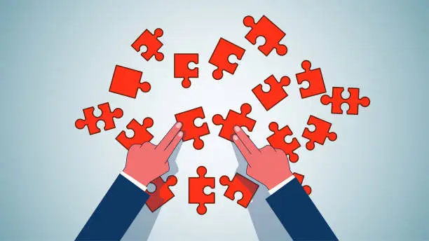 Vector illustration of Breaking and reorganizing, finding new ideas and new pieces of the puzzle, completing business or career reorganizations, problem solving solutions and strategies, hand-pushing chaotic puzzles to reorganize them