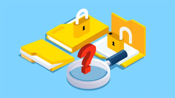 Vector illustration of File Passwords and Non-Disclosure Agreements, Private File or Data Security, Unlock Folders, File Protection, Data Security, Isometric Folders, Locks and Magnifiers