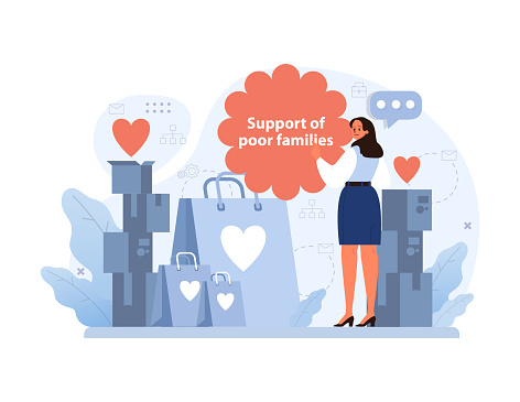 Dedicated woman emphasizes the importance of supporting underprivileged families. Generosity manifested in donated goods, promoting compassion and unity. Aid and love symbols. Flat vector illustration