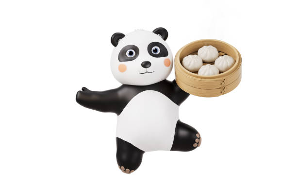 istock Cartoon panda and Chinese food baozi, 3d rendering. 2095216451