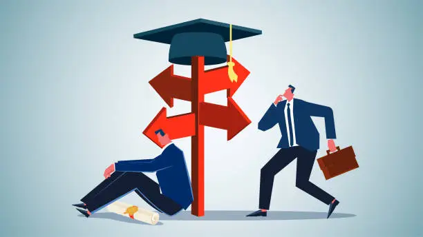 Vector illustration of Career direction after graduation, education and employment issues, employment rate and unemployment rate, signposts with graduation caps and confused and helpless graduates