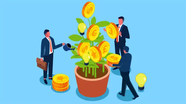 Vector illustration of Portfolio, Investment Strategies and Techniques, Financial Expertise, Maximizing Investment Profits, Wealth Management, Isometric Traders Growing Various Currency Seedlings and Light Bulb Seedlings