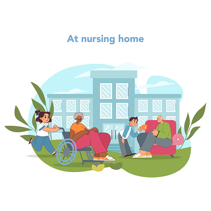 Senior care concept. Youthful volunteers sharing time and joy with elders at nursing home. Bridging generations through compassion and conversation. Helping older people in need. Vector illustration