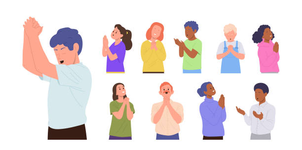 Adults and children cartoon characters praying with folded hands asking god for help or thanking Adults and children cartoon characters praying with folded hands asking god for help or thanking higher powers for protection and support. Smiling excited person praising showing thankful expression Worshipper stock illustrations