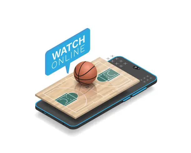 Vector illustration of Basketball court basketball ball and a smartphone in isometric view