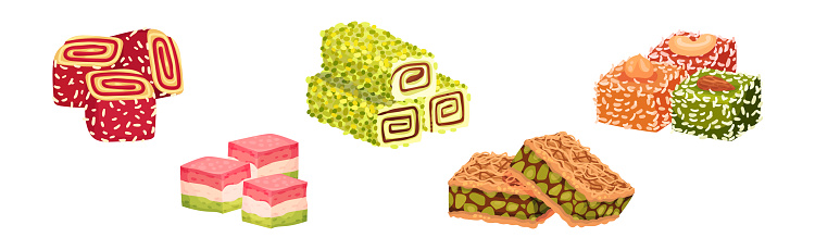 Tasty Oriental Sweets and Turkish Delights Vector Set. Sugary Pastry and Arabic Dessert