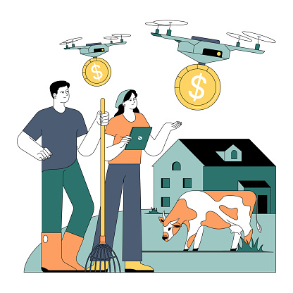 Government subsidy. Agricultural sector receive financial support. Farmers with modern tools and drones for efficient farming. Government budget strategy. Flat vector illustration.