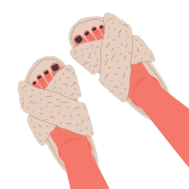 Vector illustration of Women feet in fluffy domestic slippers. Female feet with pedicure wearing home footwear, cozy faux fur shoes flat vector illustration. Female house shoes on feet