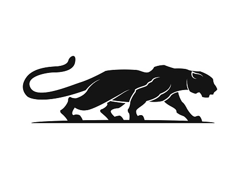 Stylized monochrome silhouette of a black panther, jaguar, leopard or tiger - cut out vector icon character mascot