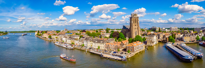 Dordrecht Netherlands, the skyline of the old city of Dordrecht with church and canal buildings in the Netherlands Oude Maas river