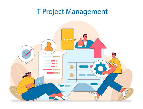 IT Project Management concept. The coordination of tasks, collaborative effort, and the gearwork of development. Captures the essence of digital project lifecycle. Flat vector illustration.