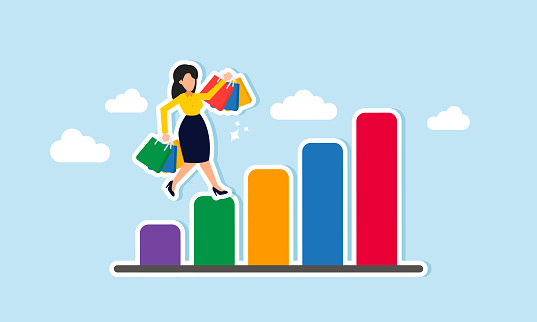 Understanding customer lifetime value is crucial, analyzing the cost to acquire new customers. A young customer woman walks on a CLV graph, depicting advertising and marketing costs