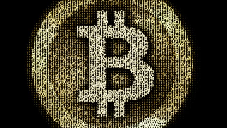 Bitcoin symbol loop made of binary code. Ones and zeros.