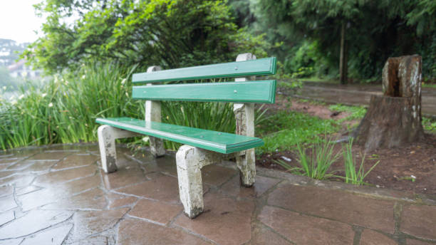 City of Gramado with wooden bench and concrete wet by rain at Lago Negro